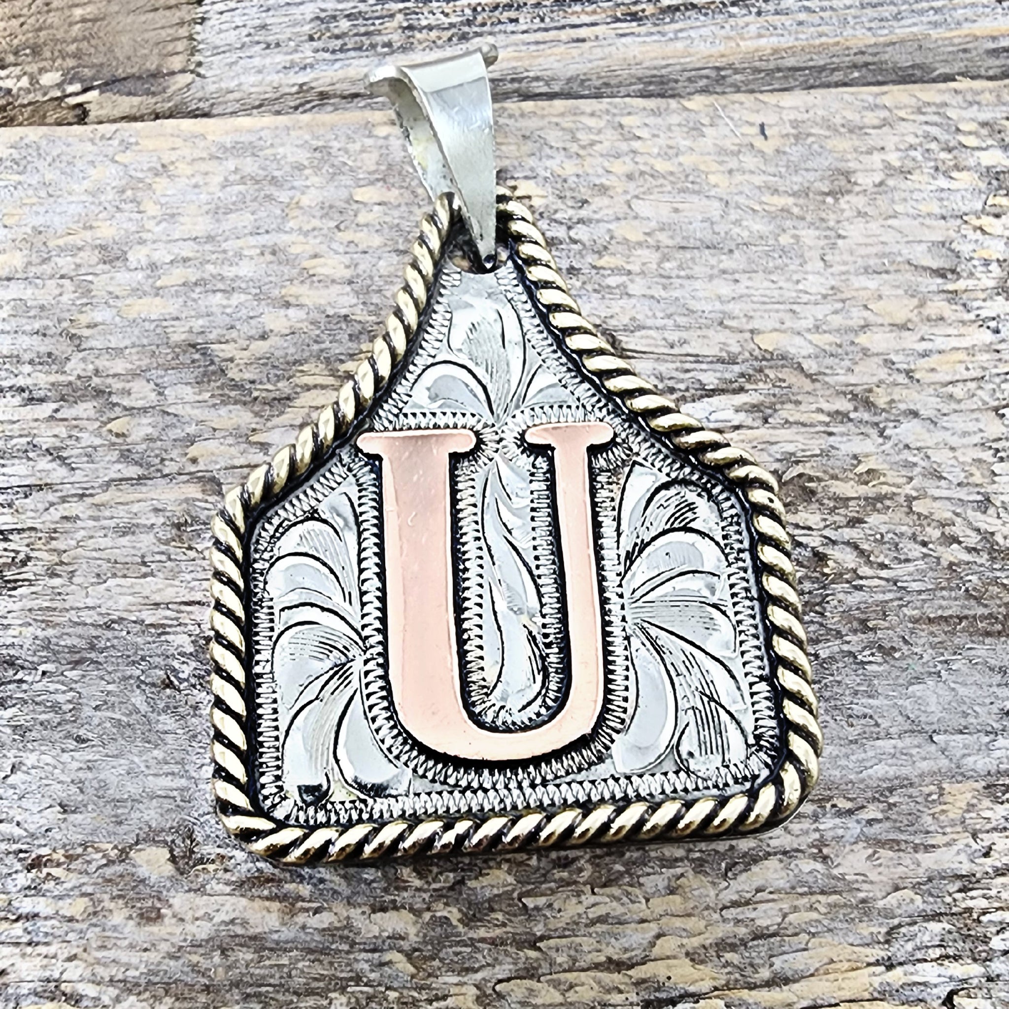 LARGE COPPER INITIAL Cow tag Necklace, Handcrafted out of German 